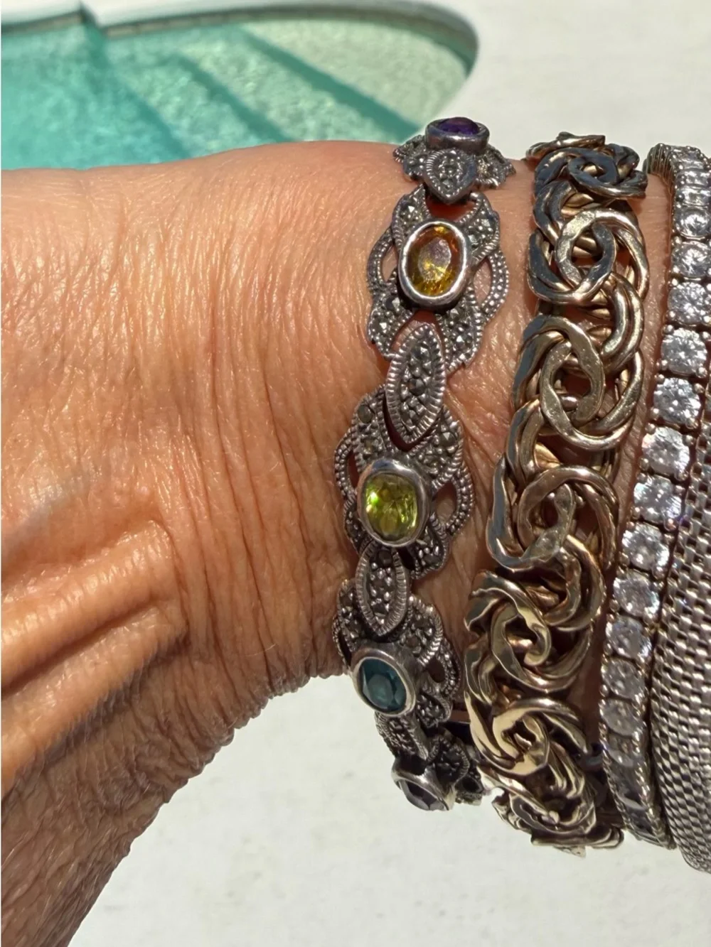 Vintage 925 Silver Marcasite Multi Gemstone Bracelet Amethyst Citrine Art Deco - Picture 3 of 8